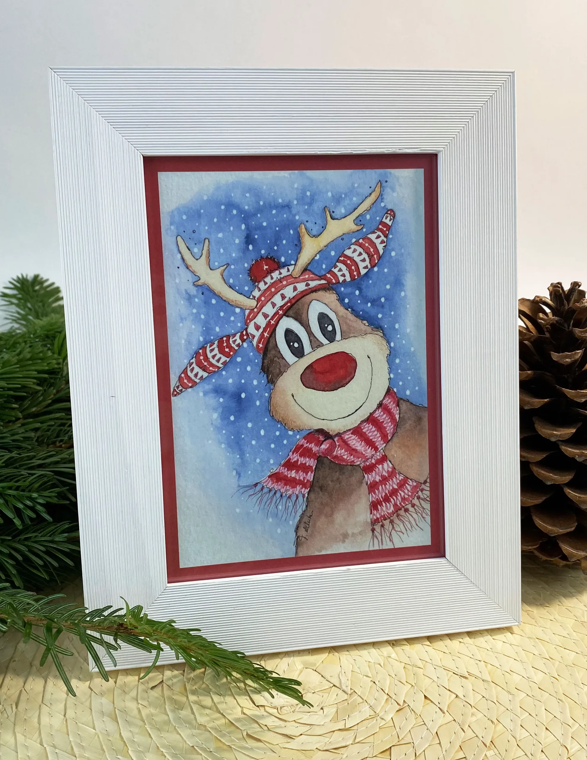 Weihnachtskarte Elch mit Schal in weißem Rahmen