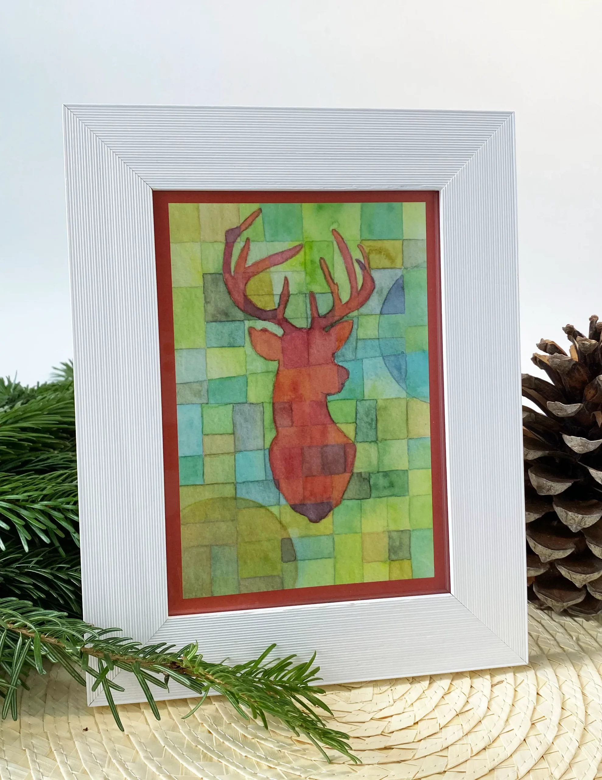 Weihnachtskarte Roter Hirsch in weißem Rahmen