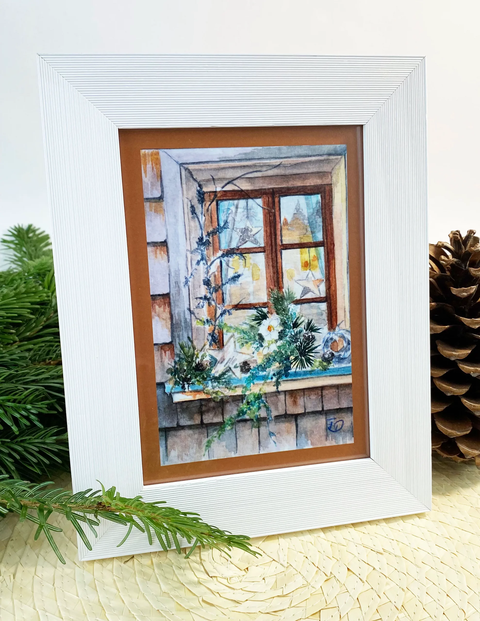 Weihnachtskarte Tannenzweige am Fenster in weißem Rahmen