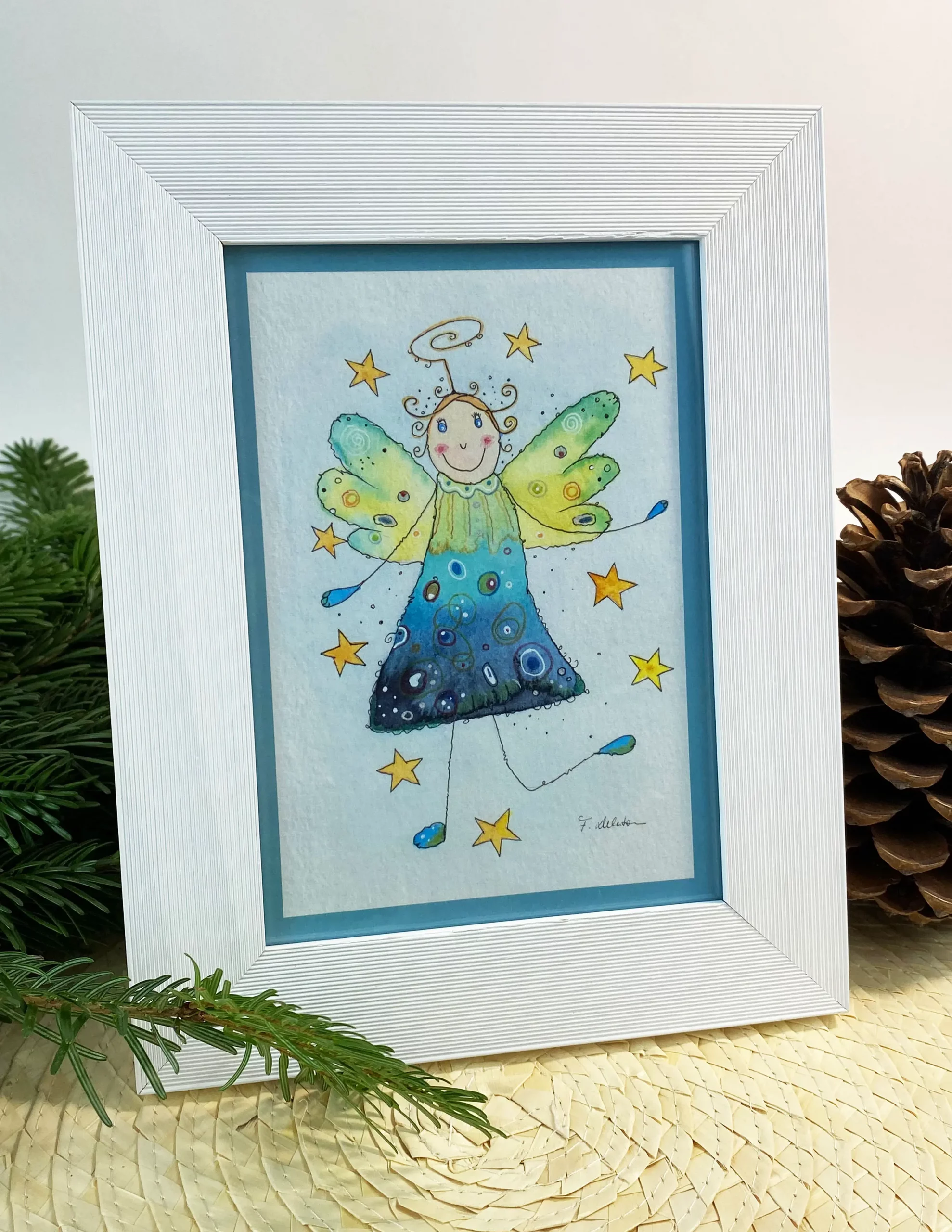 Weihnachtskarte Abstrakter Engel in blau in weißem Rahmen