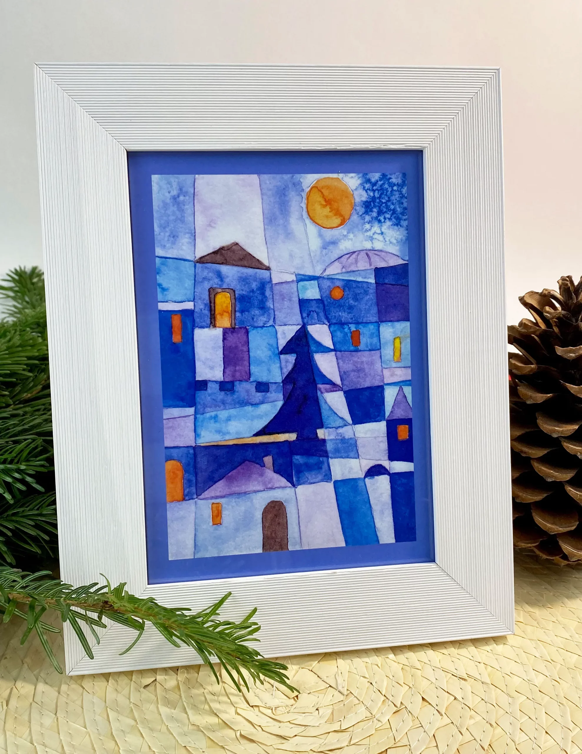 Weihnachtskarten Die Blaue Nacht in weißem Rahmen