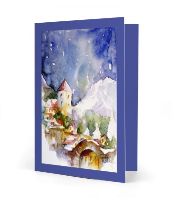 Vorderseite einer gedruckten Weihnachtskarte "Dorf im Schnee" und einem dunkelblauen Rahmen. Bild ist ein Aquarell.
