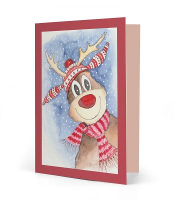 Vorderseite einer gedruckten Weihnachtskarte mit dem Motiv "Elch mit rot-weißem Schal und Mütze" und einem roten Rahmen. Bild ist ein Aquarell.