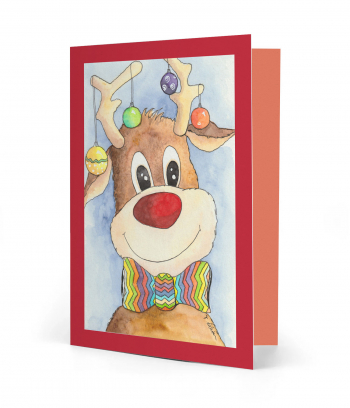 Vorderseite einer gedruckten Weihnachtskarte "Elch mit Weihnachtskugeln" und einem roten Rahmen. Bild ist ein Aquarell.