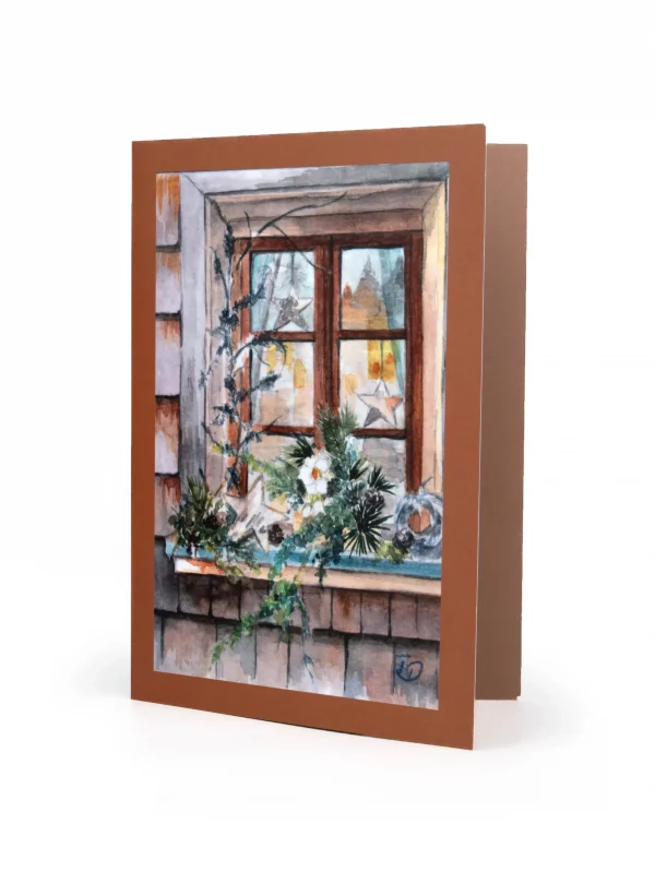 Weihnachtskarte Tannenzweige am Fenster - Vorderseite