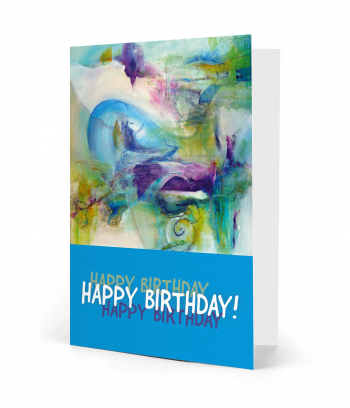 Vorderseite einer gedruckten Geburtstagskarte mit Spruch "Happy Birthday" in drei Farben. Motiv ein abstraktes Acrylbild in grün, blau und violett.