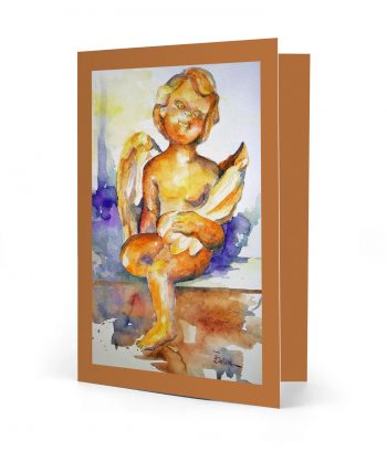 Vorderseite einer gedruckten Weihnachtskarte mit dem Motiv "sitzender Engel" und einem braunen Rahmen. Bild ist ein Aquarell.