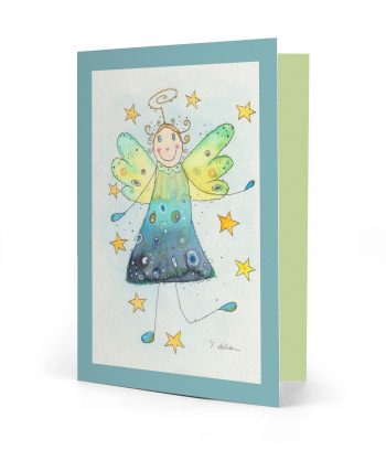 Vorderseite einer gedruckten bunten Weihnachtskarte mit dem Motiv "abstrakter Engel in blau" und einem türkisfarbenen Rahmen. Bild ist ein Aquarell.