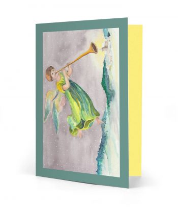 Vorderseite einer gedruckten grün-gelben Weihnachtskarte mit dem Motiv "Engel mit Trompete" und einem dunkelgrünen Rahmen. Bild ist ein Aquarell.