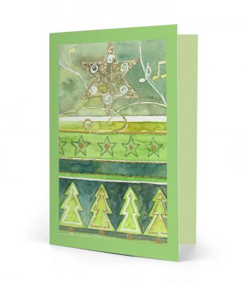 Vorderseite einer gedruckten grünen Weihnachtskarte mit dem Motiv "grüne Weihnacht" und einem hellgrünen Rahmen. Bild ist ein Aquarell.