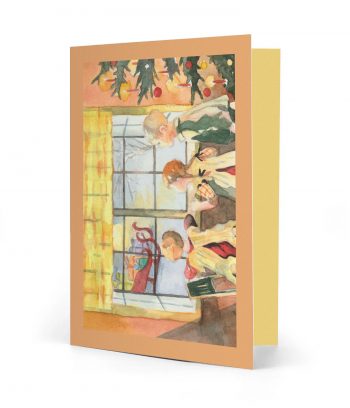 Vorderseite einer gedruckten Weihnachtskarte mit dem Motiv "Kinder am Fenster" und einem orangenen Rahmen. Bild ist ein Aquarell.