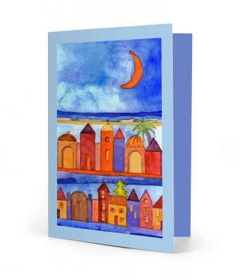 Vorderseite einer gedruckten bunten Weihnachtskarte mit dem Motiv "Orientalische Stadt" und einem hellblauen Rahmen. Bild ist ein Aquarell.