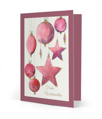 Vorderseite einer gedruckten Weihnachtskarte mit dem Motiv "rosa Weihnachtsschmuck" und einem dunkelrosa Rahmen und dem Spruch "Frohen Weihnachten". Bild ist ein Aquarell.