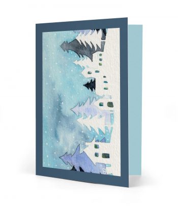 Vorderseite einer gedruckten Weihnachtskarte mit dem Motiv "Weiß-blaue Winterlandschaft" und einem blauen Rahmen. Bild ist ein Aquarell.