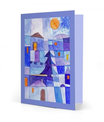 Vorderseite einer gedruckten bunten Weihnachtskarte mit dem Motiv "Die blaue Nacht" und einem blauen Rahmen. Bild ist ein Aquarell.