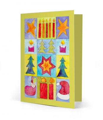 Vorderseite einer gedruckten bunten Weihnachtskarte mit dem Motiv "Sterne-Tannen-Lichter" und einem hellgrünen Rahmen. Bild ist ein Aquarell.