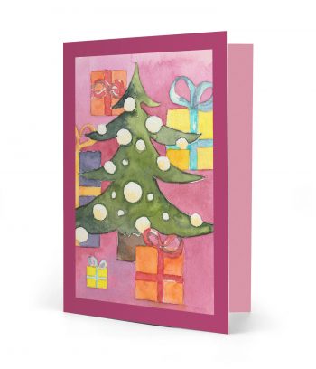 Vorderseite einer gedruckten bunten Weihnachtskarte mit dem Motiv "Geschenke am Christbaum" und einem magentafarbenen Rahmen. Bild ist ein Aquarell.