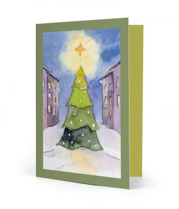 Vorderseite einer gedruckten Weihnachtskarte mit dem Motiv "Weihnachtsbaum mit Stern" und einem grünen Rahmen. Bild ist ein Aquarell.
