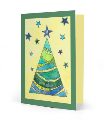 Vorderseite einer gedruckten Weihnachtskarte mit dem Motiv "Tannenbaumpyramide" und einem dunkelgrünen Rahmen. Bild ist ein Aquarell.