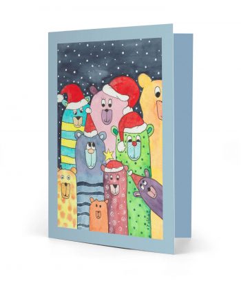 Vorderseite einer gedruckten Weihnachtskarte mit dem Motiv "Bären in der Weihnachtszeit" und einem blau-grauen Rahmen. Bild ist ein Aquarell.