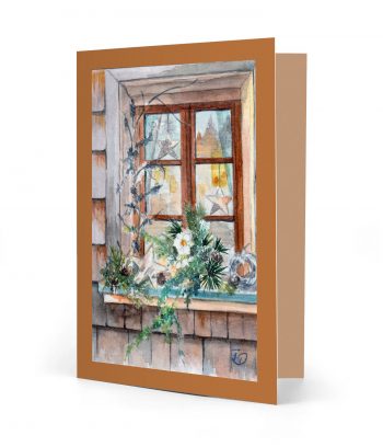 Vorderseite einer gedruckten Weihnachtskarte mit dem Motiv "Tannenzweige am Fenster" und einem hellbraunen Rahmen. Bild ist ein Aquarell.