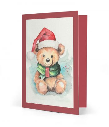 Vorderseite einer gedruckten Weihnachtskarte mit dem Motiv "Teddybär mit Mütze" und einem roten Rahmen. Bild ist ein Aquarell.